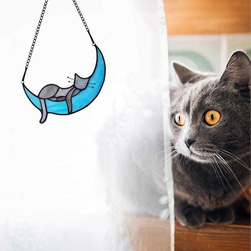 BOXCASA Handcrafted Grey Cat on Moon Stained Glass Suncatcher - Decorative Window Hanging for Cat Lovers, Mothers Day for Women,Mom,Daughter,Wife - Image 5